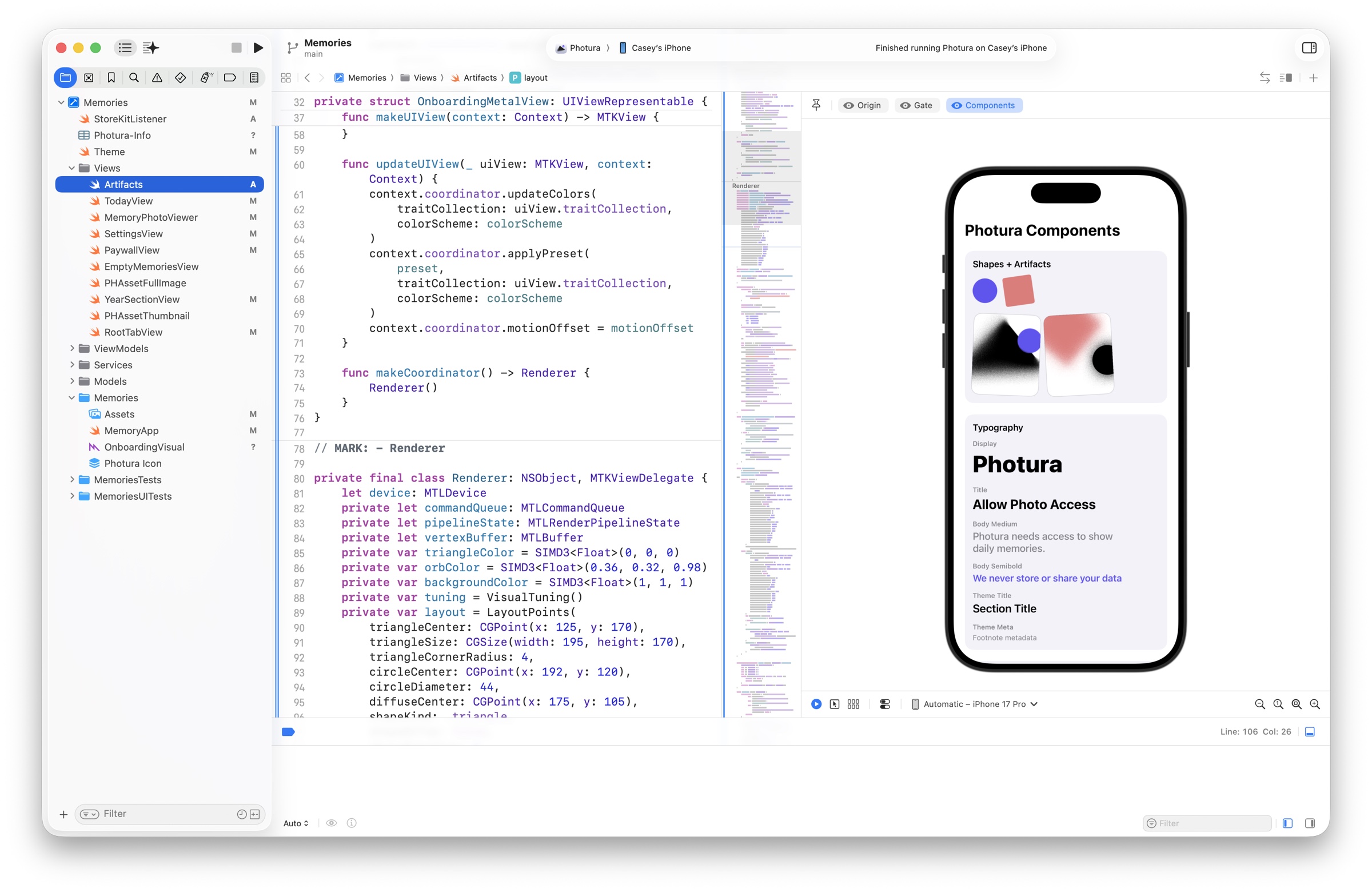 Xcode showing the Photura Metal renderer alongside a live SwiftUI component preview